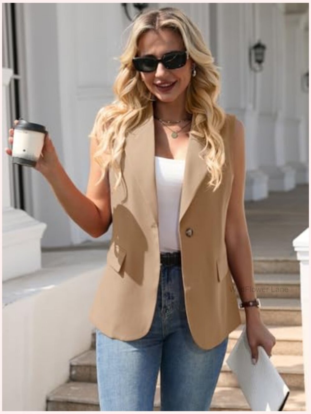Sleeveless Blazer Vest - Lightweight Lined Business Casual Work Office Tops - Picture 2 of 7
